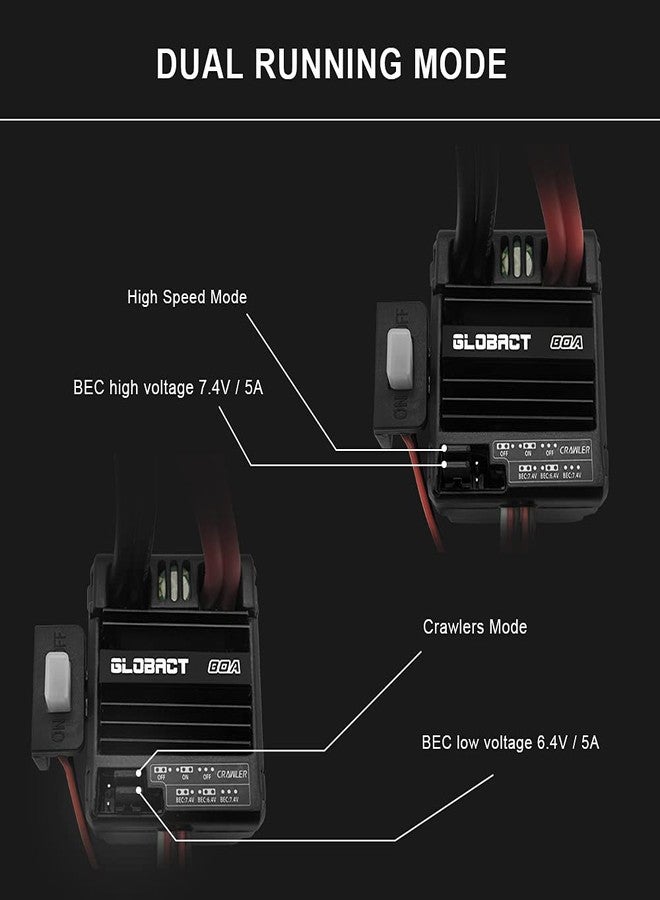 GLOBACT محرك GLOBACT المقاوم للماء 550 ذو فرشاة 12T ووحدة تحكم إلكترونية 80A، مجموعة محرك ذو فرشاة ووحدة تحكم إلكترونية BEC 5A 7.4V/6.4V لسيارات التحكم عن بعد بمقياس 1/10 من طراز Slash 2WD 4×4 وArrma Granite وSenton وTyphon 4×4 وRedcat وAxial وHPI (قابس Tamiya). - Image 4